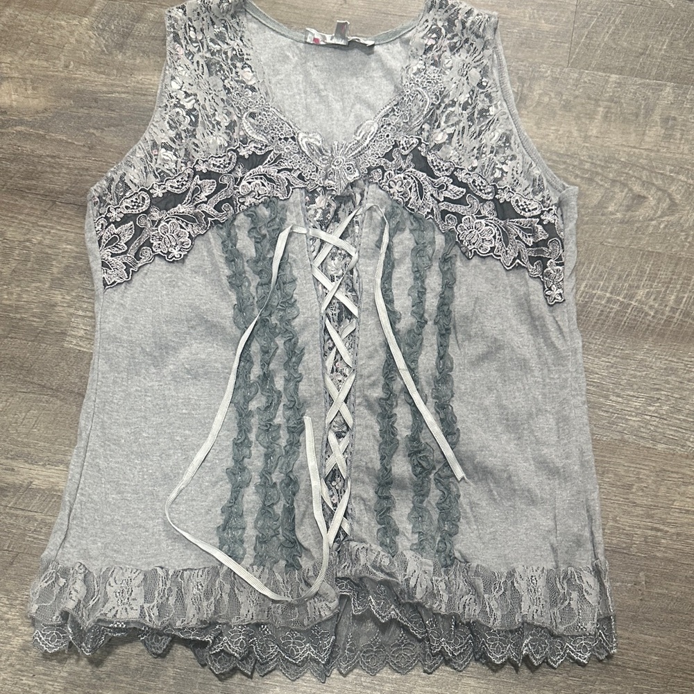 Pretty Angel Gray Lace Trim Blouse